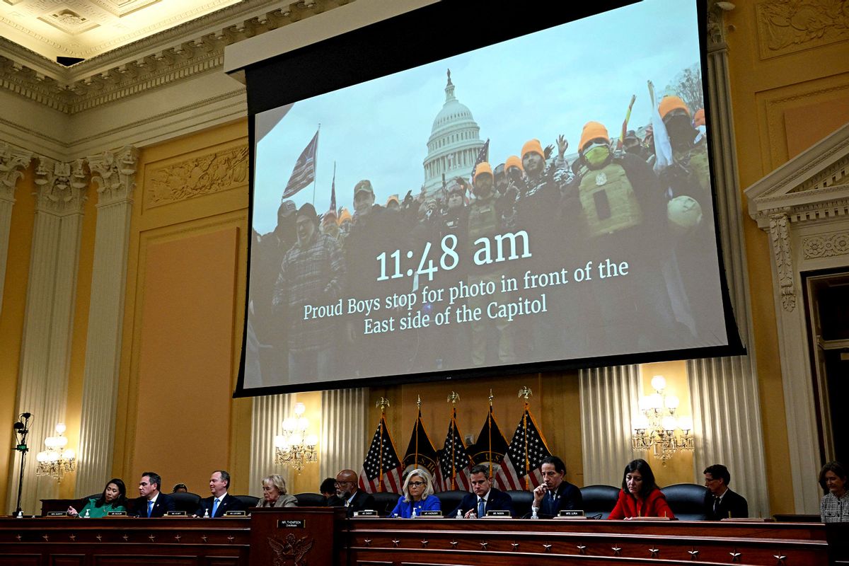 A video showing Proud Boys members appear on screen during a House Select Committee hearing to Investigate the January 6th Attack on the US Capitol, in the Cannon House Office Building on Capitol Hill in Washington, DC on June 9, 2022. (MANDEL NGAN/AFP via Getty Images)