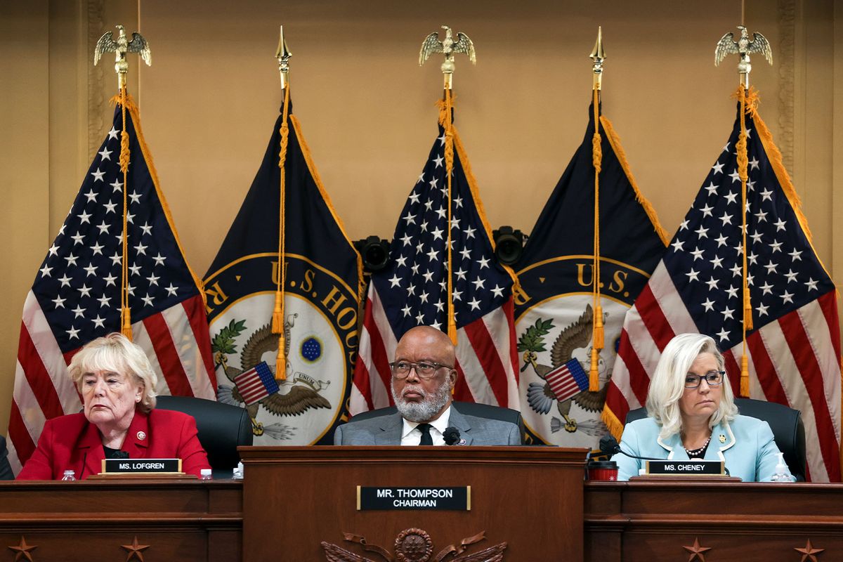 U.S. Rep. Zoe Lofgren (D-CA) (L), Rep. Bennie Thompson (D-MS), Chairman of the Select Committee to Investigate the January 6th Attack on the U.S. Capitol, and Vice Chairwoman Rep. Liz Cheney (R-WY), listen during a hearing on the January 6th investigation in the Cannon House Office Building on June 13, 2022 in Washington, DC. (Alex Wong/Getty Images)