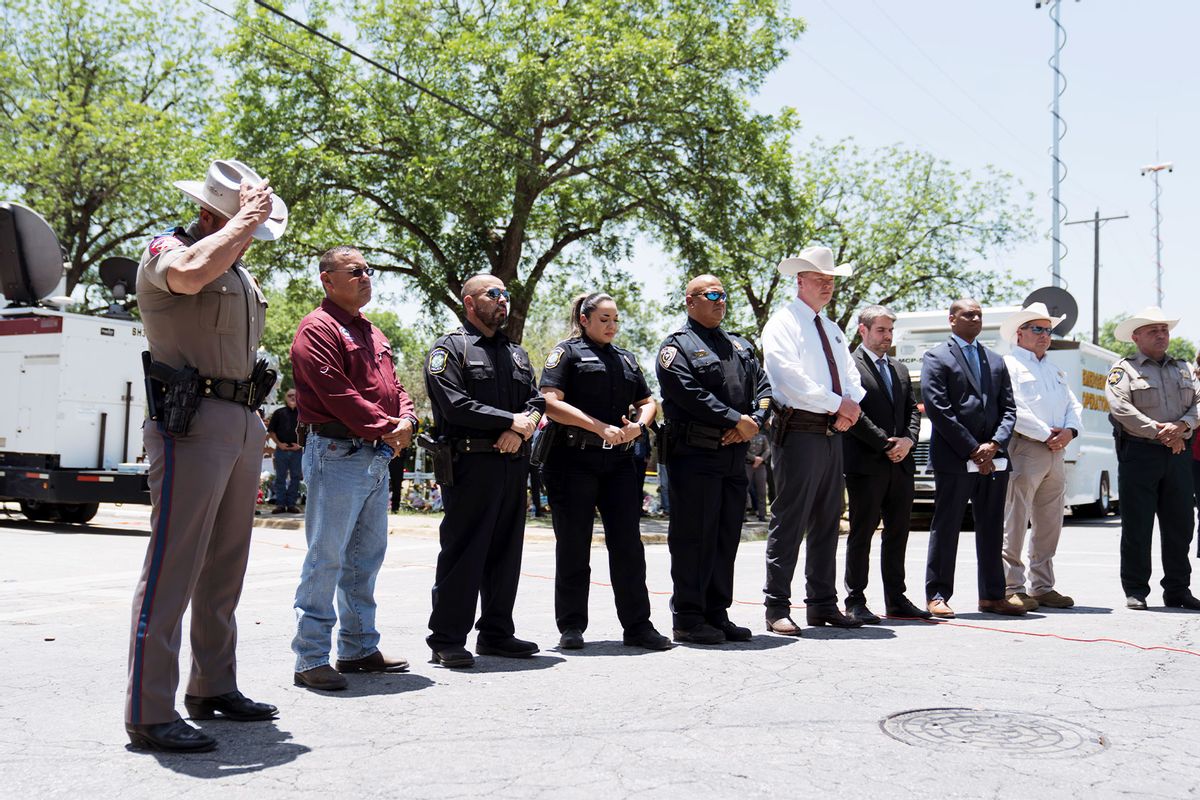 Law enforcement and other officials attend a press conference on May 26, 2022 in Uvalde, Texas. (Eric Thayer/Getty Images)