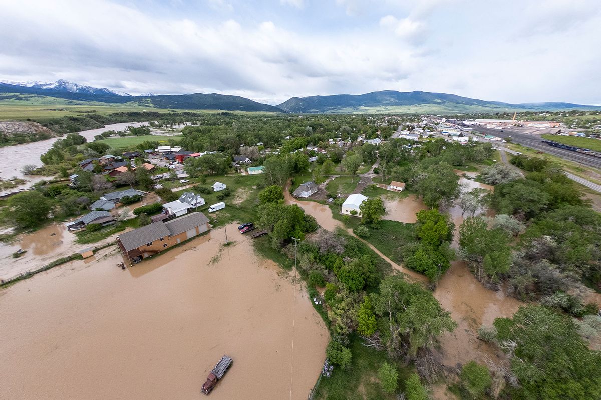 In this aerial view, flooding is seen on June 14, 2022 in Livingston, Montana. The Yellowstone River hit has a historic high flow from rain and snow melt from the mountains in and around Yellowstone National Park. (William Campbell/Getty Images)