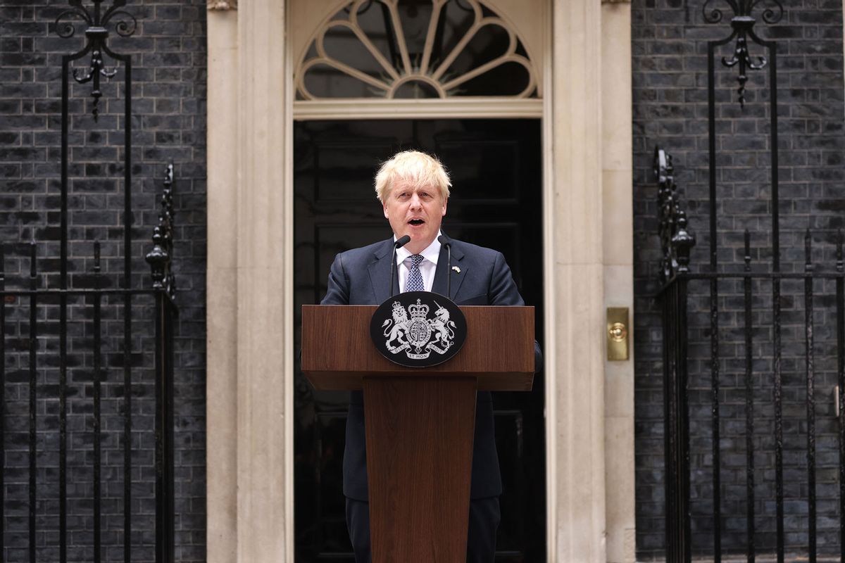 Prime Minister Boris Johnson addresses the nation as he announces his resignation outside 10 Downing Street, on July 7, 2022 in London, England. After a turbulent term in office, Boris Johnson will resign from his roles as Conservative Party Leader and Prime Minister today after coming under pressure from his party. (Dan Kitwood/Getty Images)