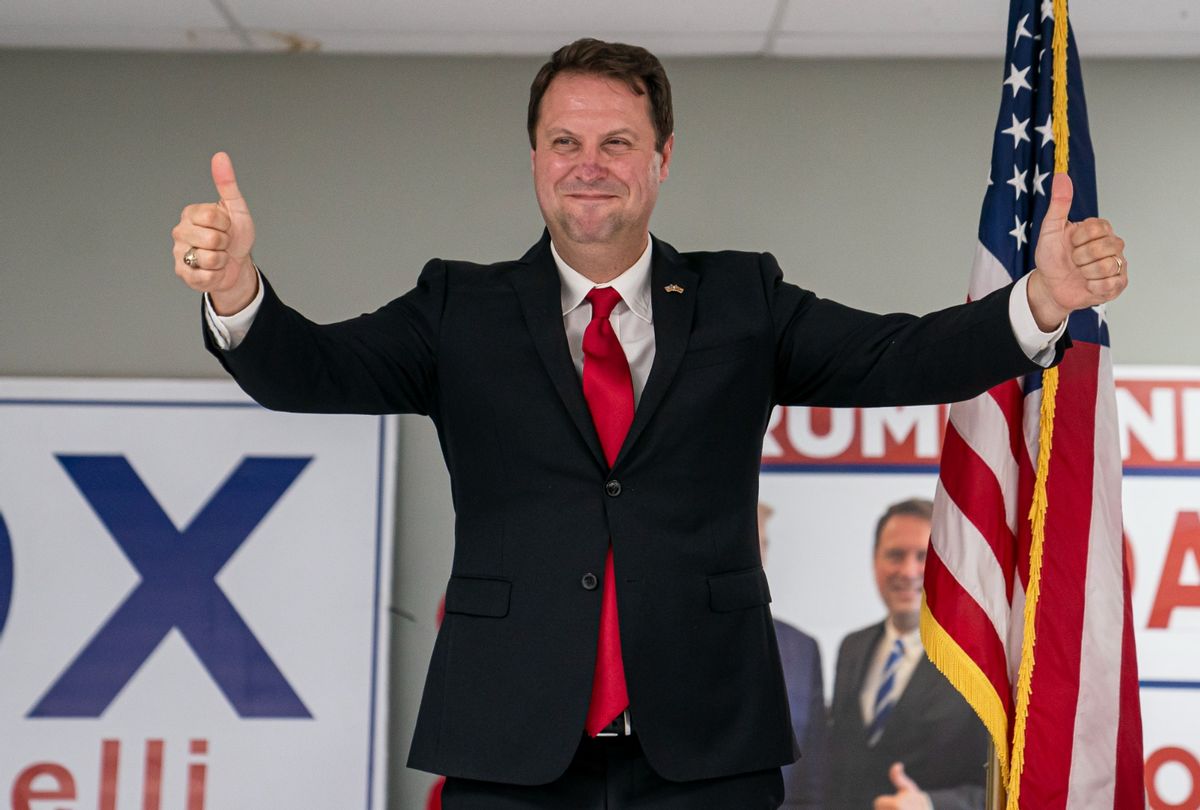 Dan Cox, a candidate for the Republican gubernatorial nomination, reacts to his primary win on July 19, 2022 in Emmitsburg, Maryland. (Nathan Howard/Getty Images)