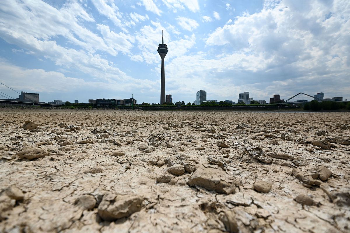 Dry soil of the partially dried-up river bed of the Rhine is pictured in Dusseldorf, western Germany, on July 25, 2022, as Europe experiences a heatwave. (INA FASSBENDER/AFP via Getty Images)
