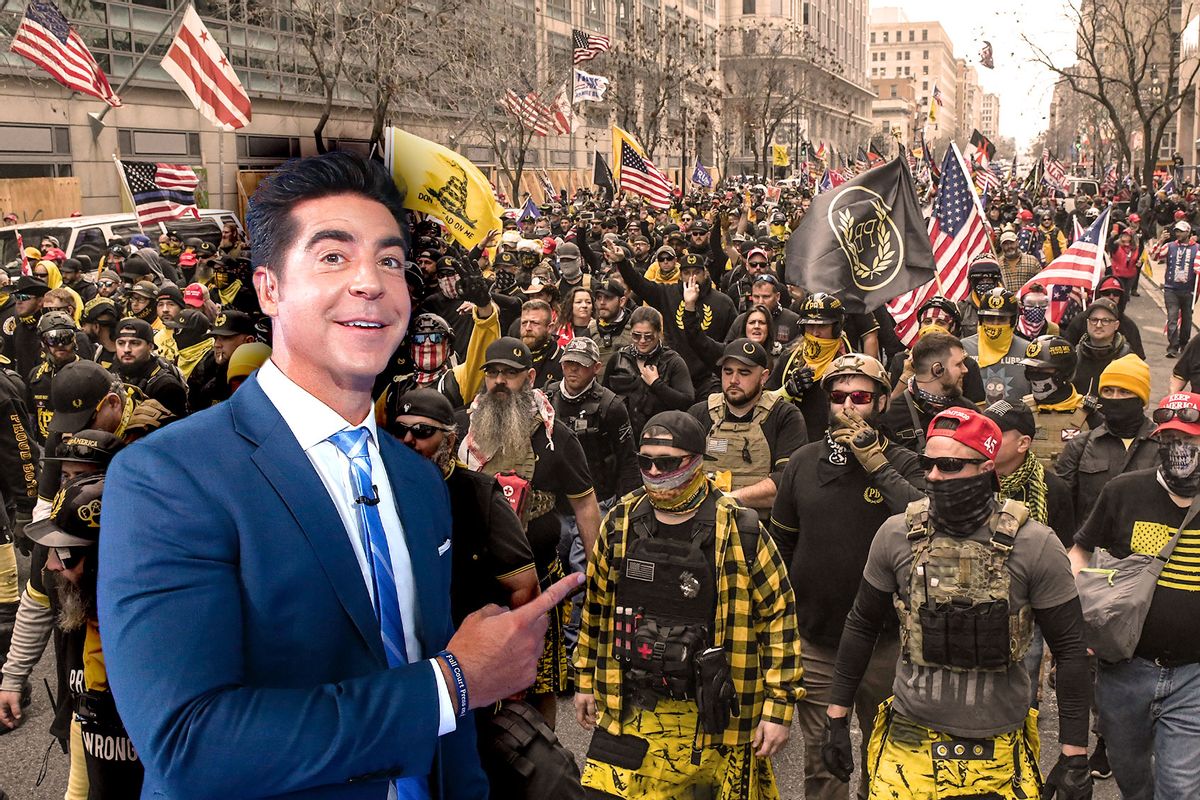 Jesse Watters | Members of the Proud Boys march towards Freedom Plaza during a protest on December 12, 2020 in Washington, DC. (Photo illustration by Salon/Getty Images)