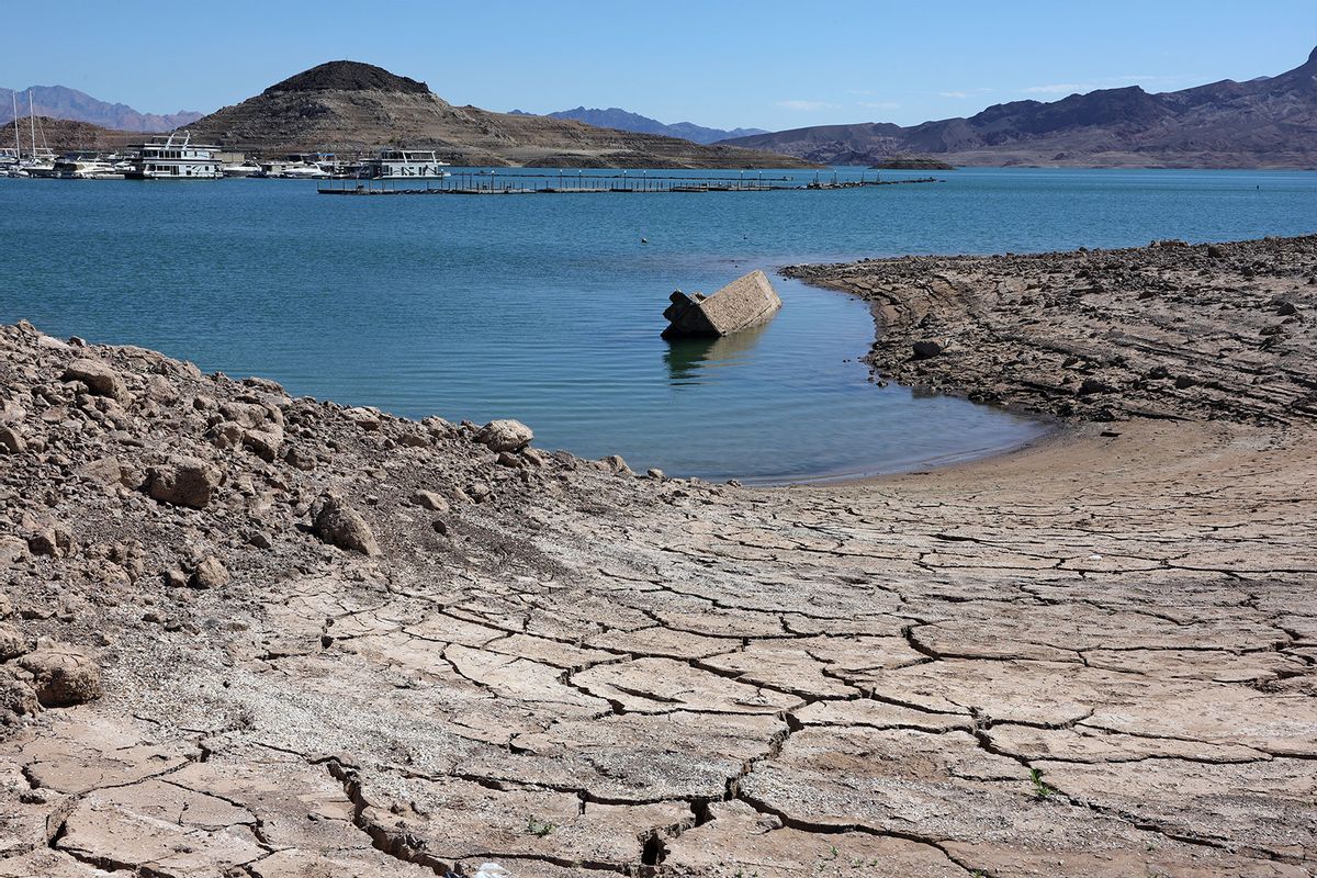 A sunken World War II-Era Higgins landing craft that used to be nearly 200 feet underwater is being revealed near the Lake Mead Marina as the waterline continues to lower on July 01, 2022 in the Lake Mead National Recreation Area, Nevada. (Ethan Miller/Getty Images)