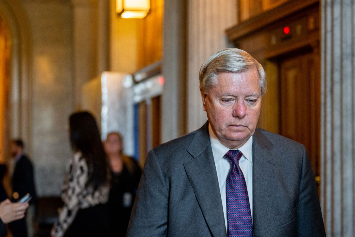 Sen. Lindsey Graham (R-SC) walks to a weekly Republican luncheon at the U.S. Capitol on June 22, 2022 in Washington, DC. (Brandon Bell/Getty Images)
