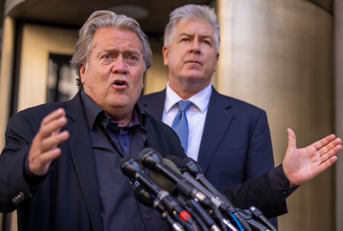 Former White House Chief Strategist Steve Bannon speaks to the media as his lawyer Matthew Evan Corcoran looks on after his trial for contempt of Congress began at the U.S. District Courthouse on July 19, 2022 in Washington, DC. (Tasos Katopodis/Getty Images)