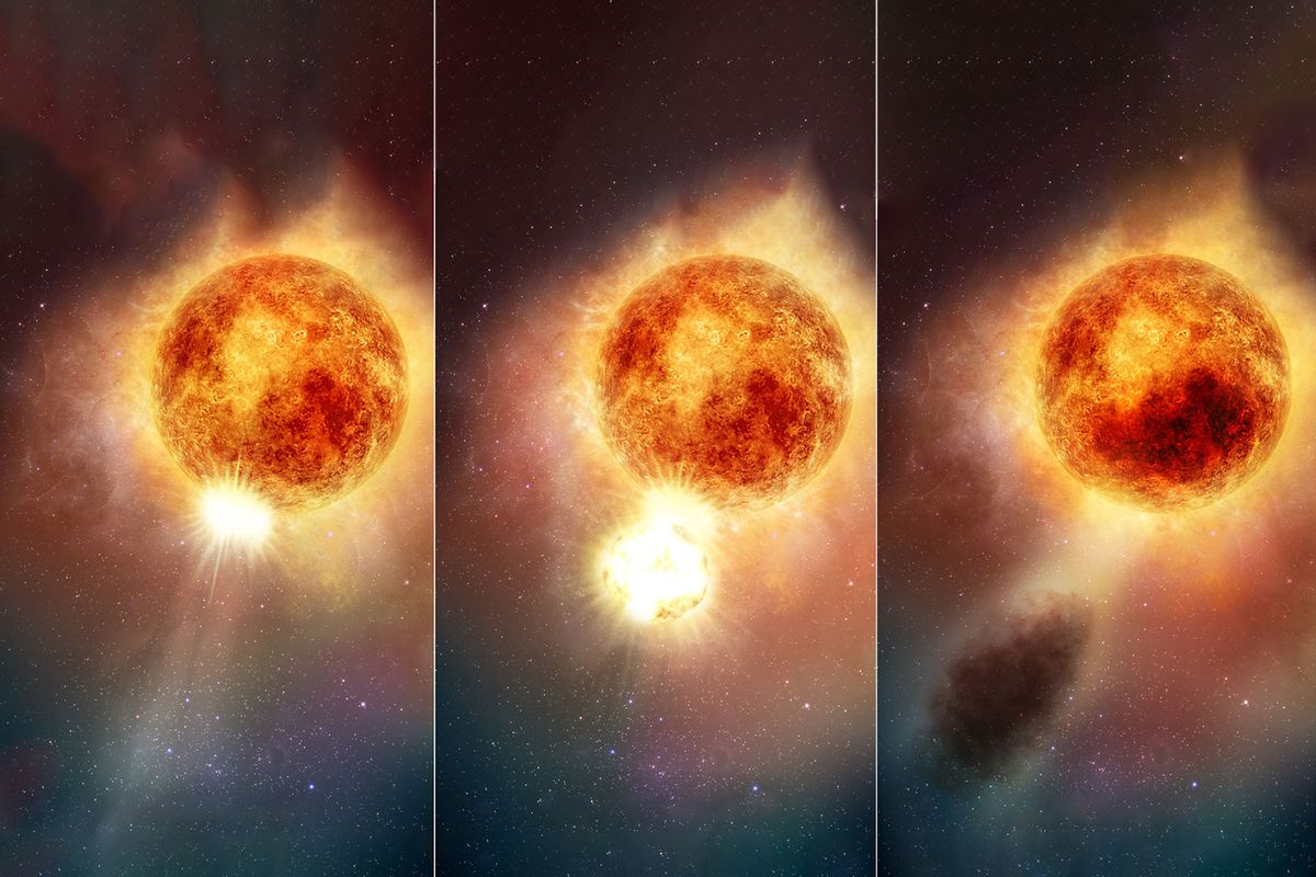 This illustration plots changes in the brightness of the red supergiant star Betelgeuse. (NASA, ESA, and E. Wheatley (STScI))