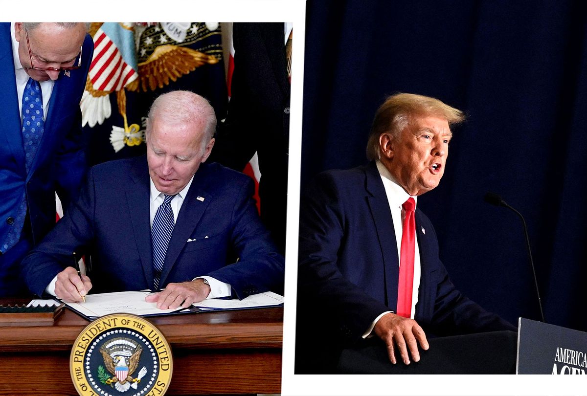 US President Joe Biden signs the Inflation Reduction Act of 2022 | Former US President Donald Trump speaks at the America First Policy Institute Agenda Summit (Photo illustration by Salon/Getty Images)