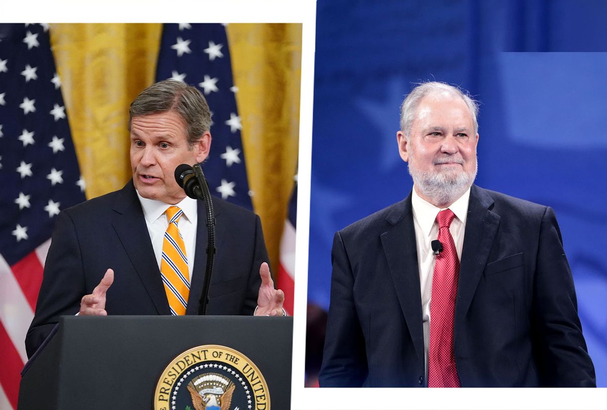 Tennessee Governor Bill Lee and President of Hillsdale College Larry Arnn (Photo illustration by Salon/Getty Images/Mandel Ngan/AFP/WikiCommons/Gage Skidmore)