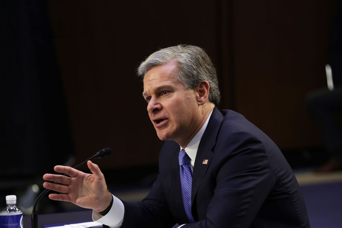 FBI Director Christopher Wray testifying during a hearing before Senate Judiciary Committee at Hart Senate Office Building on Capitol Hill August 4, 2022 in Washington, DC. (Alex Wong/Getty Images)