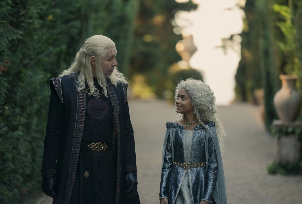 Paddy Considine as Viserys Targaryen, Nova Mosé-Foueillis as Laena Velaryon in "House of the Dragon" (Ollie Upton/HBO)