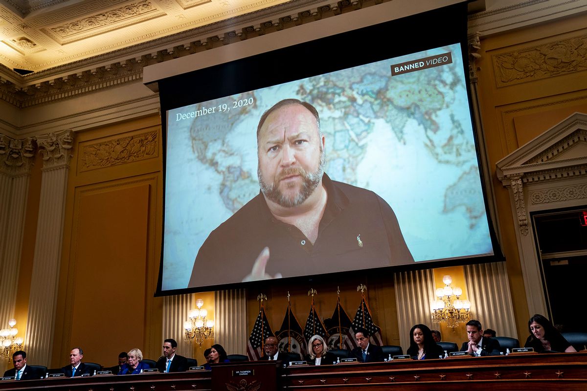 A video of Alex Jones is played on a screen during a House Select Committee to Investigate the January 6th Attack hearing in the Cannon House Office Building on Tuesday, July 12, 2022 in Washington, DC. (Kent Nishimura / Los Angeles Times via Getty Images)