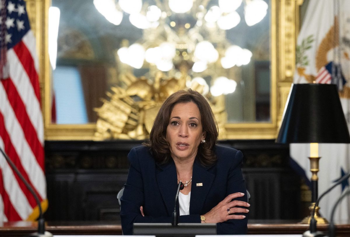 US Vice President Kamala Harris holds a meeting with Latina state legislators to discuss fortifying and protecting reproductive rights in their states, in the Eisenhower Executive Office Building in Washington, DC, August 5, 2022.  (SAUL LOEB/AFP via Getty Images)