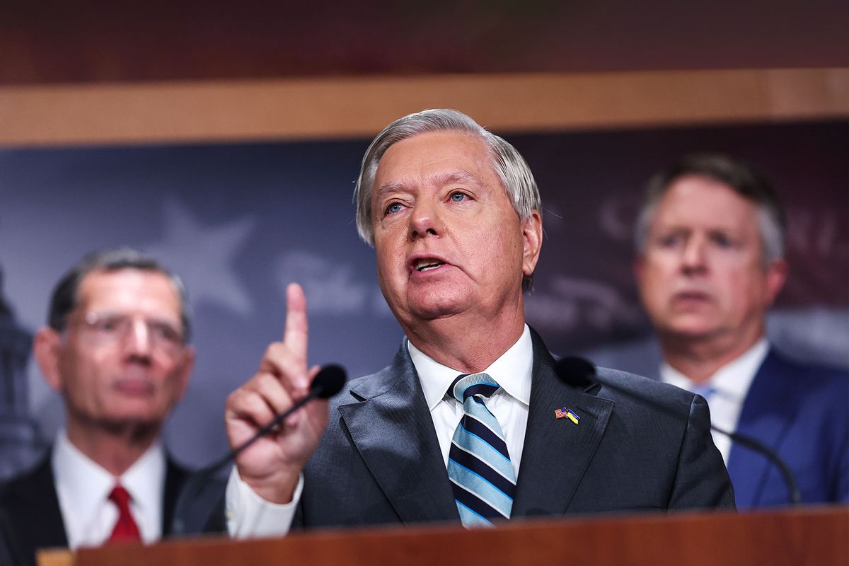 U.S. Sen. Lindsey Graham (R-SC), joined by Sen. John Barrasso (R-WY) (L) and Sen. Roger Marshall (R-KS), speaks a press conference at the U.S. Capitol on August 05, 2022 in Washington, DC. (Kevin Dietsch/Getty Images)