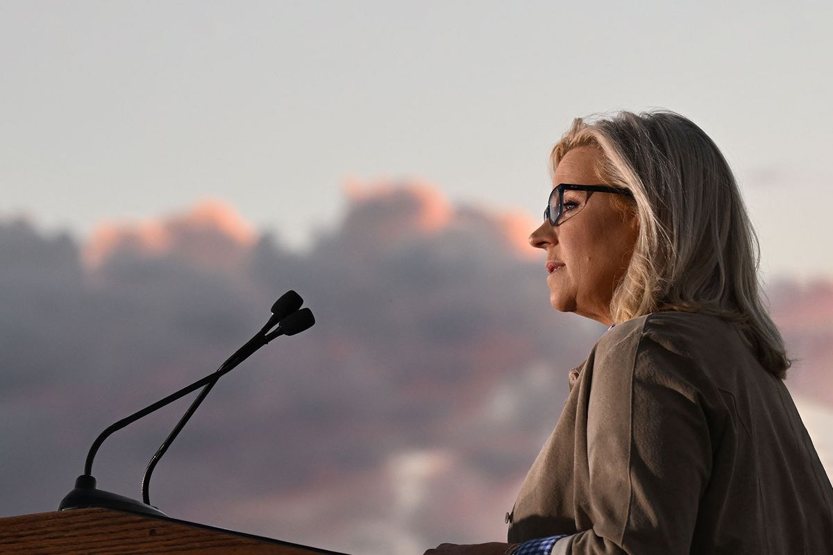 US Representative Liz Cheney (R-WY) speaking to supporters at an election night event during the Wyoming primary election at Mead Ranch in Jackson, Wyoming on August 16, 2022. (PATRICK T. FALLON/AFP via Getty Images)