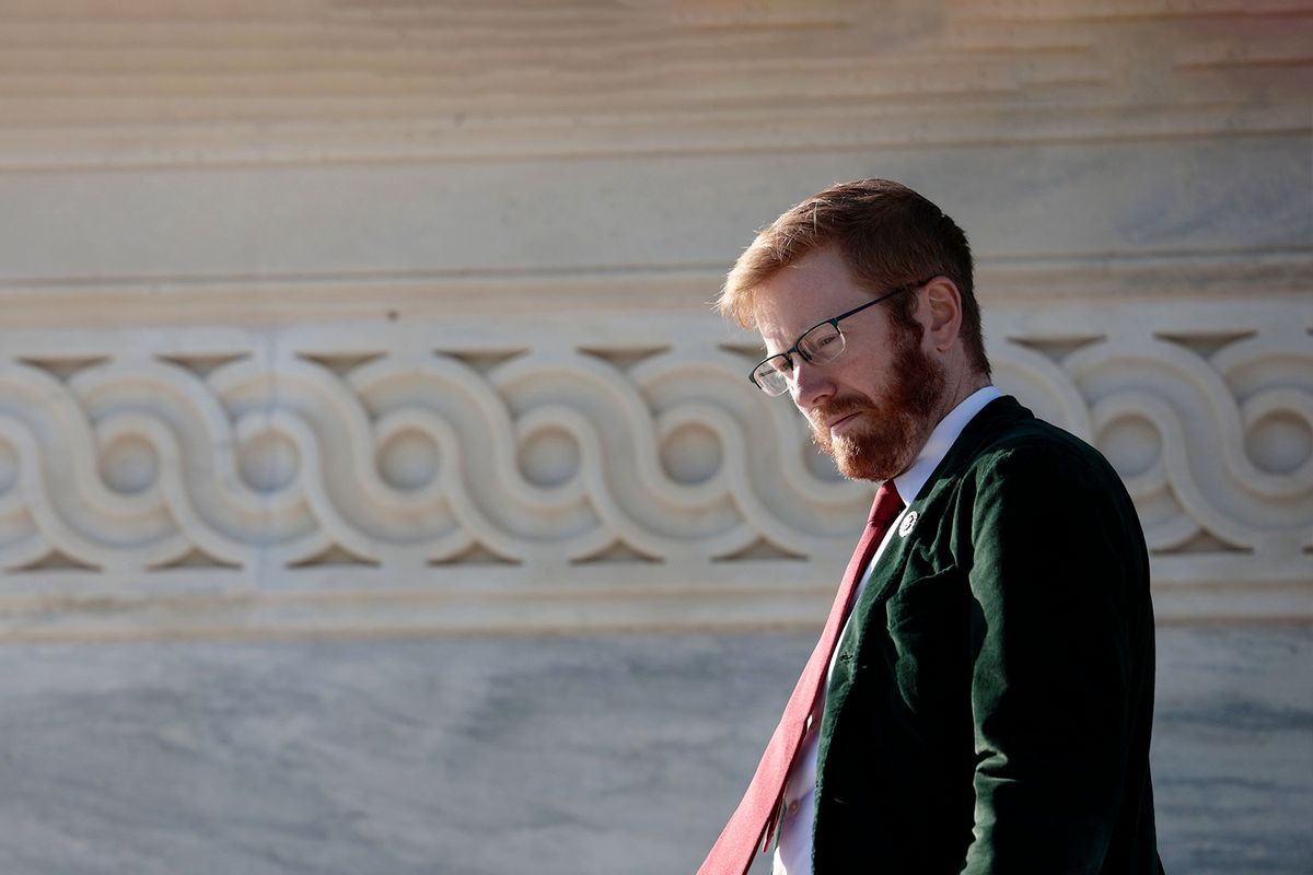 Rep. Peter Meijer (R-MI) walks down the stairs of the U.S. Capitol Building on November 18, 2021 in Washington, DC. (Anna Moneymaker/Getty Images)