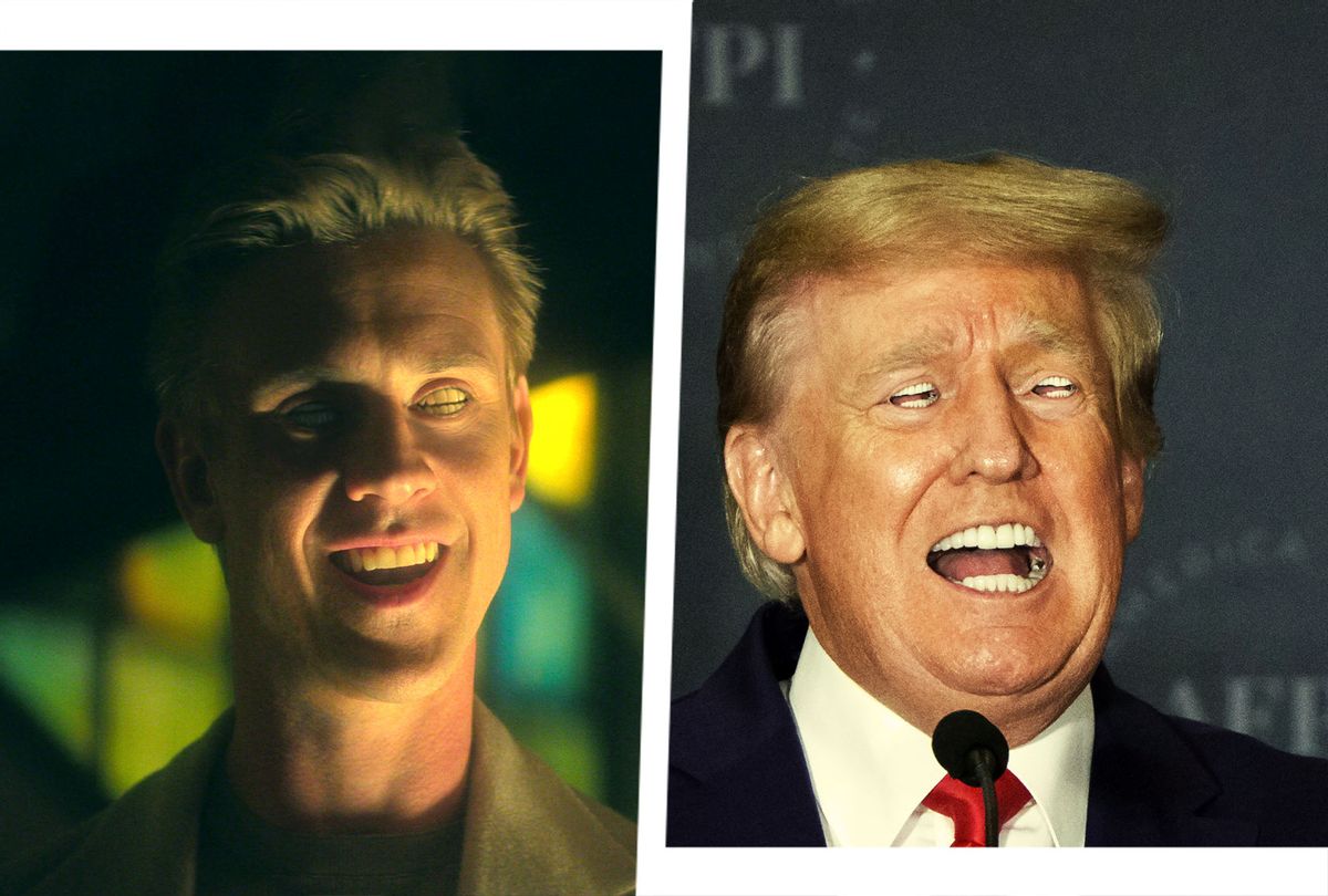 Boyd Holbrook as The Corinthian in "The Sandman" | Donald Trump with teeth for eyes (Photo illustration by Salon/Getty Images/Netflix)