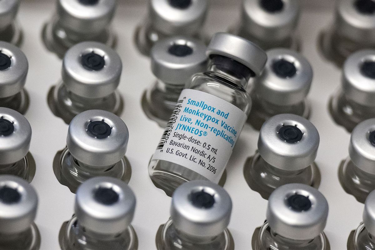 Empty ampoules containing Bavarian Nordic's monkeypox vaccine (Imvanex / Jynneos) stand in a box on a table at Klinikum rechts der Isar. (Sven Hoppe/picture alliance via Getty Images)