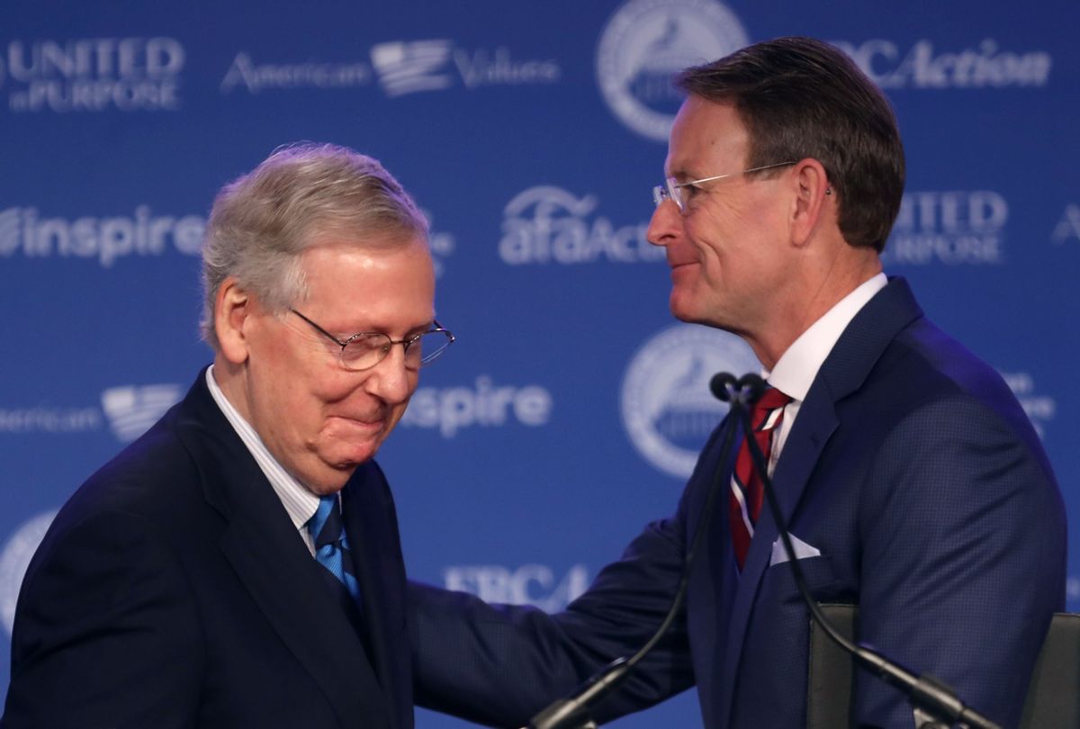 Sen. Mitch McConnell (R-KY) with Family Research Council President Tony Perkins during the Value Voters Summit at the Omni Shoreham Hotel September 21, 2018 in Washington, DC. (Chip Somodevilla/Getty Images)