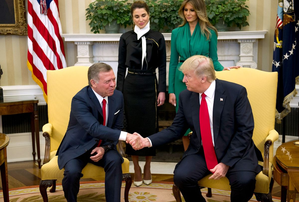 Former President Donald Trump shakes hands with King Abdullah II of Jordan in the Oval Office of the White House on April 5, 2017 in Washington, DC. (Ron Sachs - Pool/Getty Images)