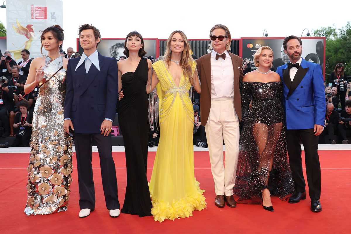 Gemma Chan, Harry Styles, Sydney Chandler, director Olivia Wilde, Chris Pine, Florence Pugh and Nick Kroll attend the "Don't Worry Darling" red carpet at the 79th Venice International Film Festival on September 05, 2022 in Venice, Italy. (Vittorio Zunino Celotto/Getty Images)
