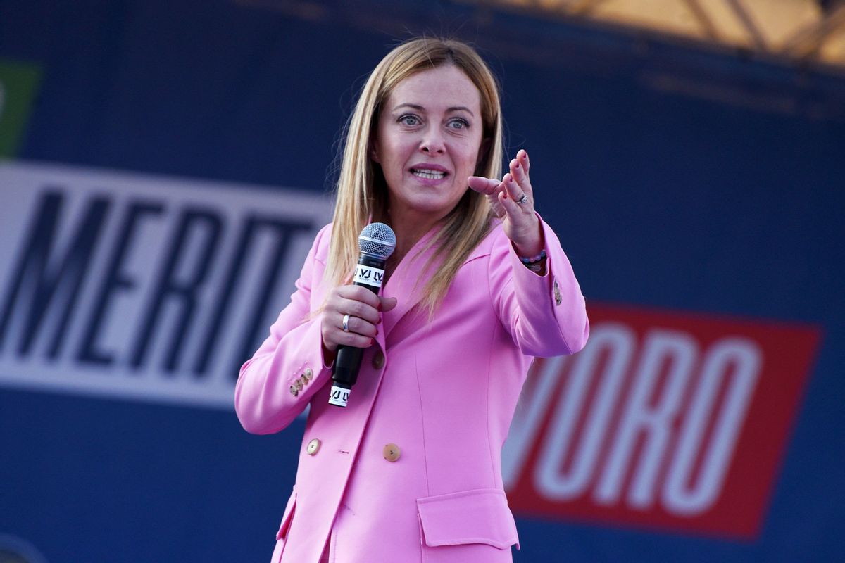 Giorgia Meloni, heads the Brothers of Italy political party, and the president of the European Conservatives and Reformists Party, holds a speech of conclusion during the electoral campaign in Bagnoli. (Pasquale Gargano/Pacific Press/LightRocket via Getty Images)
