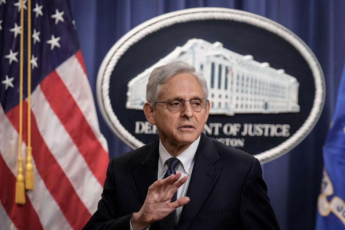 U.S. Attorney General Merrick Garland explains to reporters that he will not take questions after he delivered a statement at the U.S. Department of Justice August 11, 2022 in Washington, DC. (Drew Angerer/Getty Images)
