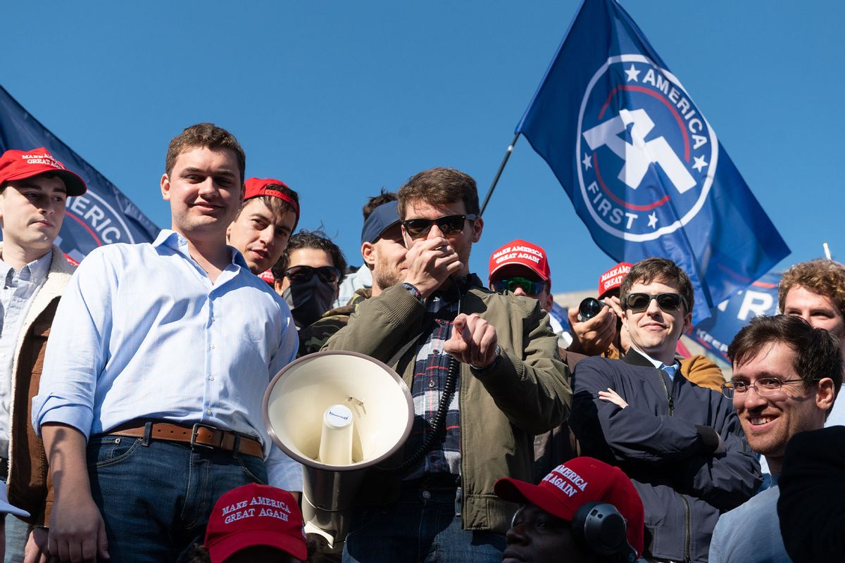 Nick Fuentes, the leader of a Christian based extremist white nationalist group speaks to his followers, 'the Groypers.' in Washington D.C. on November 14, 2020 (Zach D Roberts/NurPhoto via Getty Images)