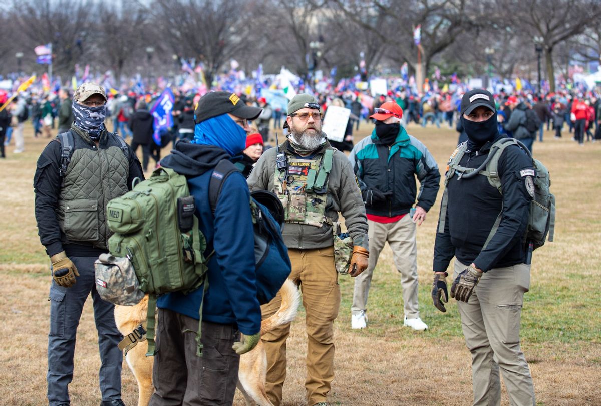 Men belonging to the Oath Keepers wearing military tactical gear attend the "Stop the Steal" rally on January 06, 2021 in Washington, DC.  (Robert Nickelsberg/Getty Images)