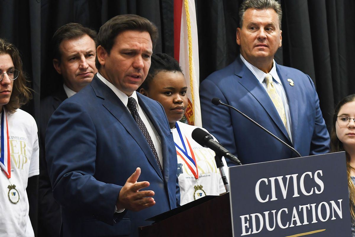 Florida Governor Ron DeSantis speaks at a press conference to discuss Florida's civics education initiative of unbiased history teachings at Crooms Academy of Information Technology in Sanford. (Paul Hennessy/SOPA Images/LightRocket via Getty Images)