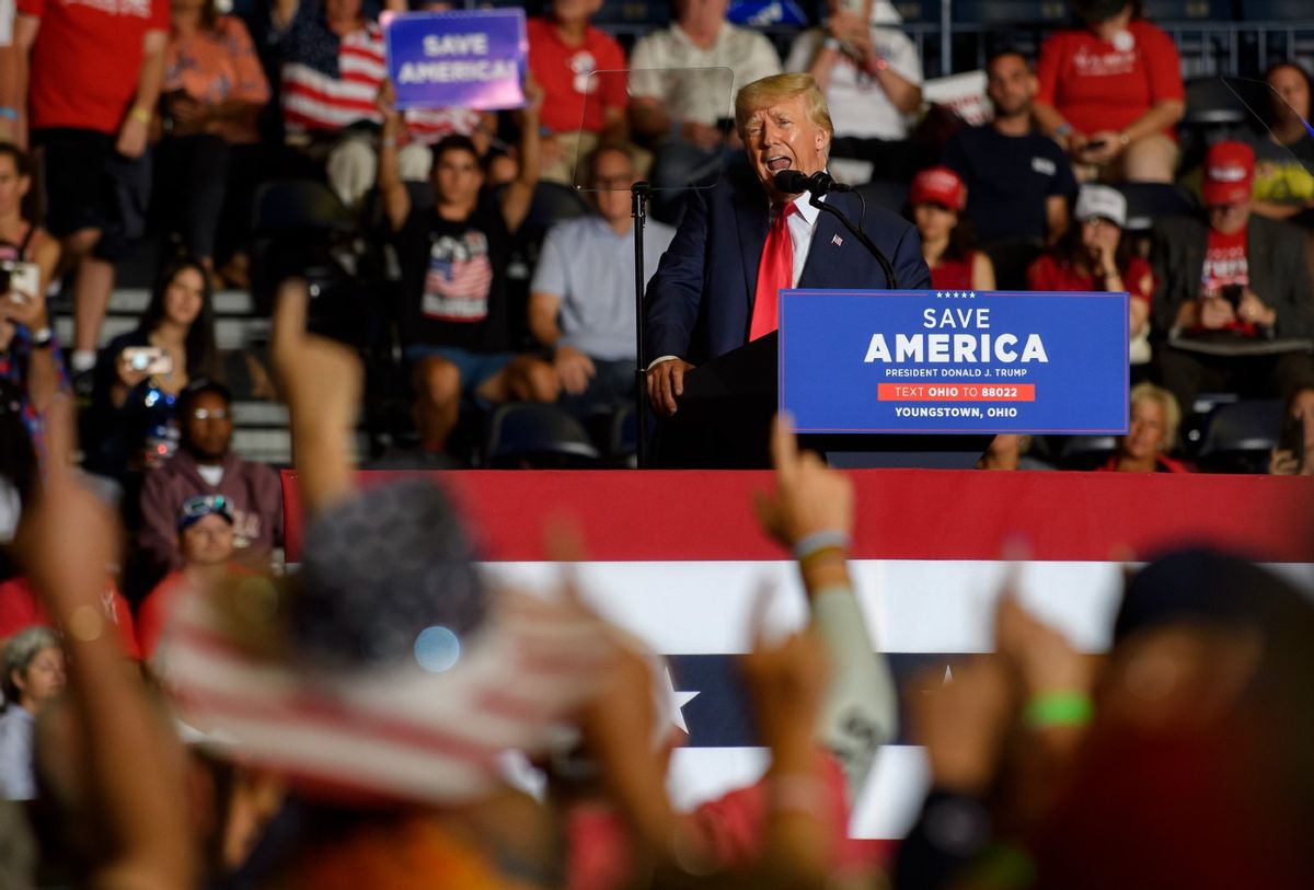 Audience members put their index finger up to symbolize America First while Donald Trump speaks at a Save America Rally to support Republican candidates running for state and federal offices in the state of Ohio at the Covelli Centre on September 17, 2022 in Youngstown, Ohio.  ( Jeff Swensen/Getty Images)