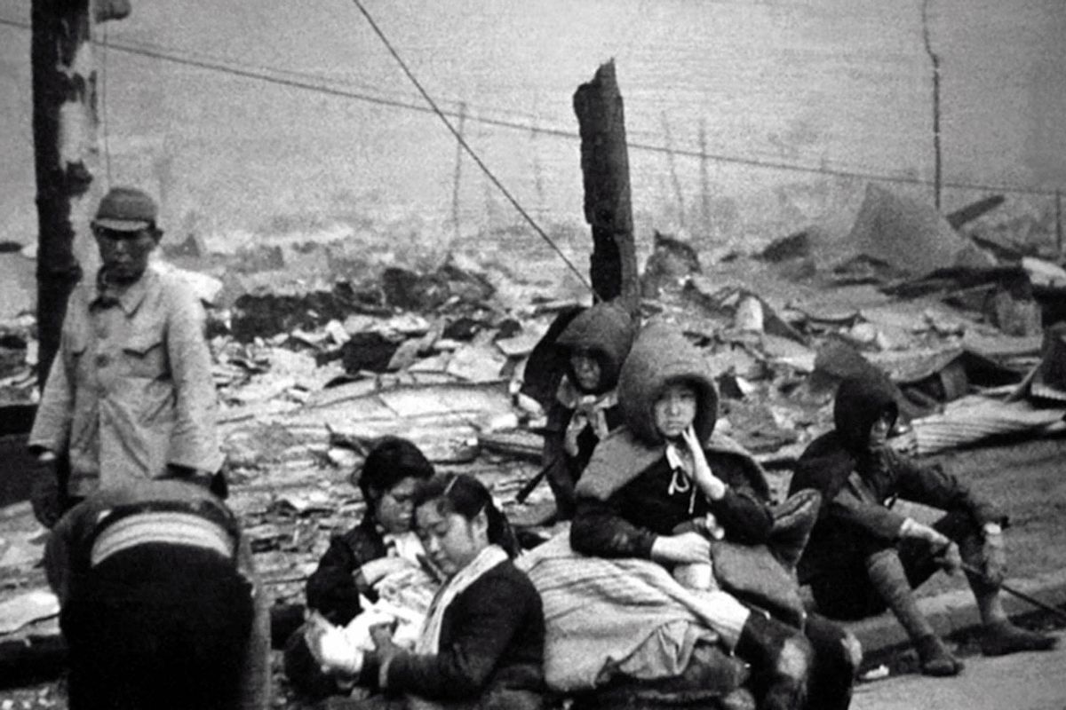 Tokyo residents who lost their homes as a result of the U.S. bombings, March 10, 1945. The Operation Meetinghouse air raid of 9-10 March 1945 was later estimated to be the single most destructive bombing raid in history. (Galerie Bilderwelt/Getty Images)