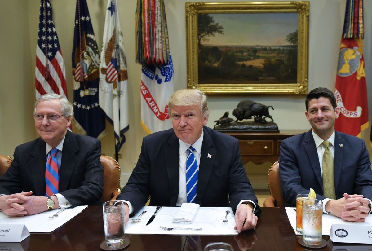 Former President Donald Trump seated Senate Republican Leader Mitch McConnell and then-House Speaker Paul Ryan in the Roosevelt Room of the White House in Washington, DC on March 1, 2017.  (MANDEL NGAN/AFP via Getty Images)