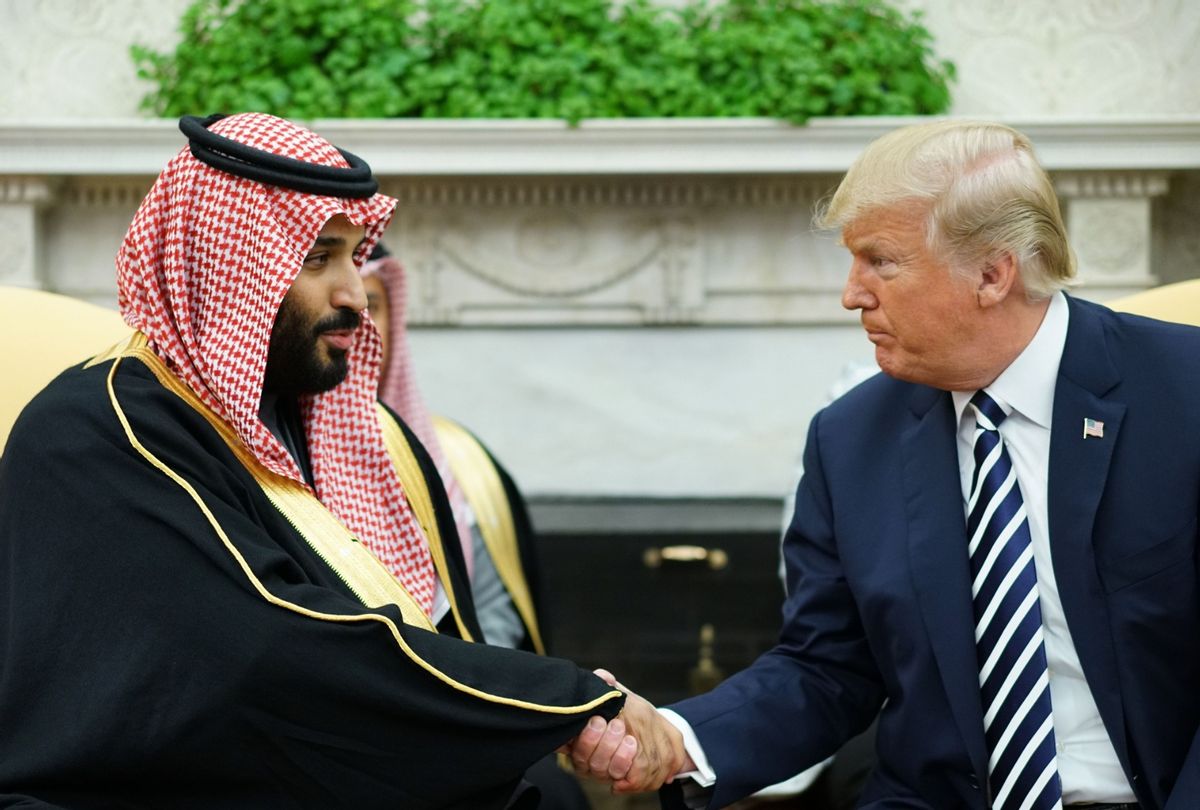 Former President Donald Trump shakes hands with Saudi Arabia's Crown Prince Mohammed bin Salman in the Oval Office of the White House on March 20, 2018 in Washington, DC.  (MANDEL NGAN/AFP via Getty Images)