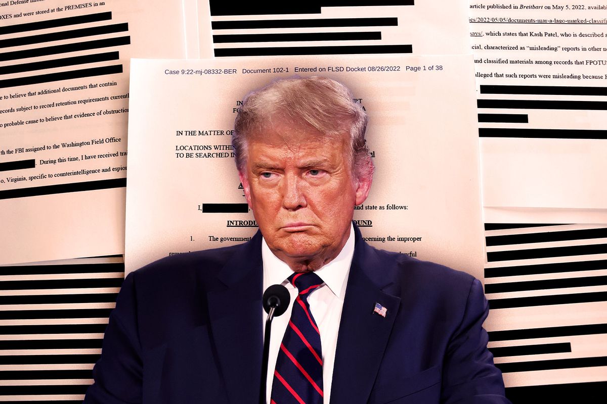 Donald Trump | Heavily redacted pages from the government’s released version of the F.B.I. search warrant affidavit for former President Donald Trump's Mar-a-Lago estate on August 27, 2022 in California (Photo illustration by Salon/Getty Images)