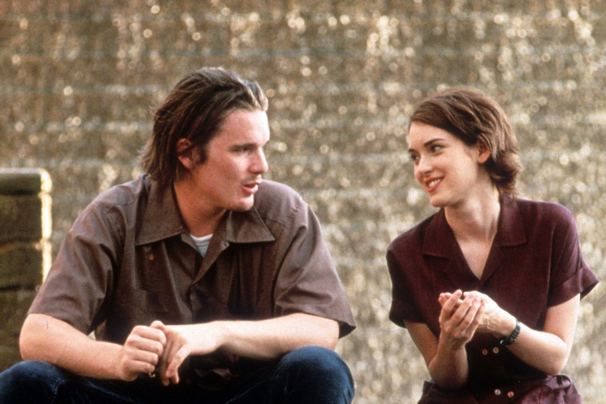 Ethan Hawke sits with Winona Ryder in a scene from the film 'Reality Bites', 1994. (Universal/Getty Images)