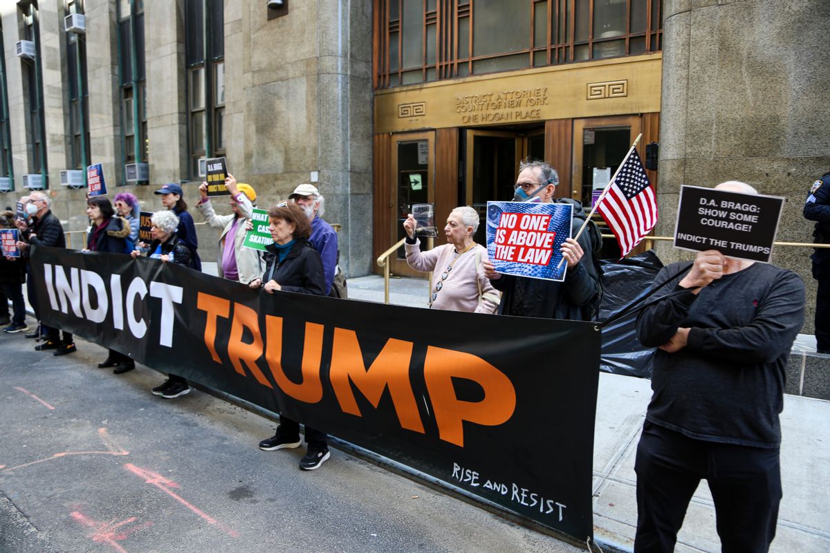 A protest demanding the indictment of former President Trump on April 8, 2022, in New York. (Pablo Monsalve/VIEWpress via Getty Images)