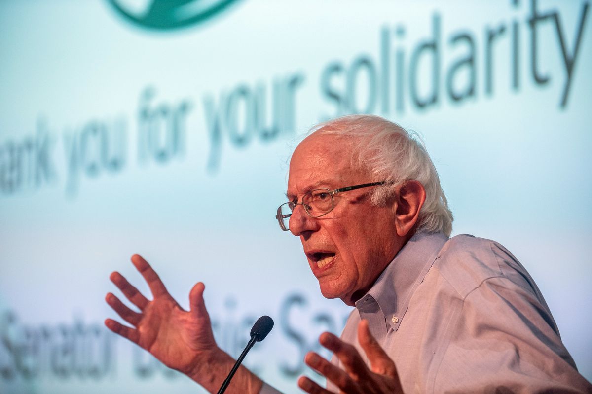 Sen. Bernie Sanders addresses a rally of striking British workers at Trade Union Congress headquarters on Aug. 31, 2022, in London. (Guy Smallman/Getty Images)
