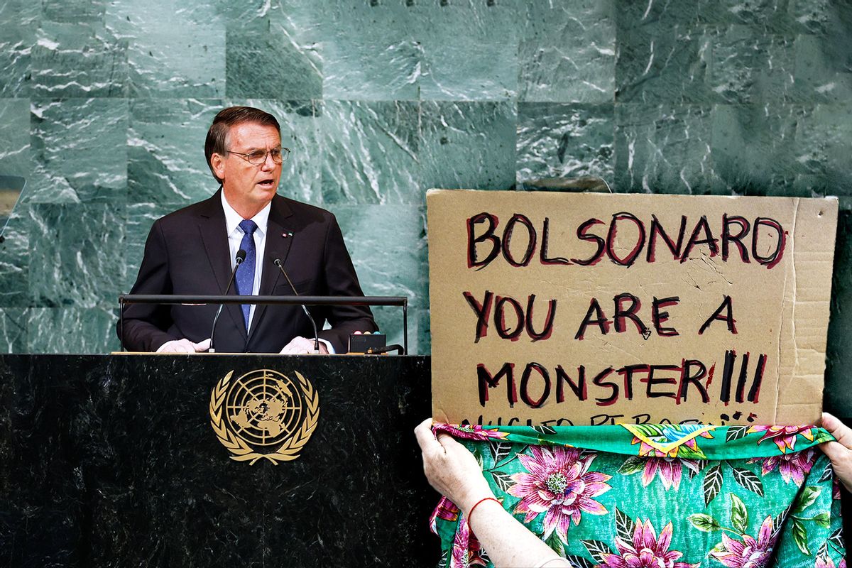 Brazilian President Jair Bolsonaro speaks during the 77th session of the United Nations General Assembly (UNGA) at U.N. headquarters | Protest sign  (Photo illustration by Salon/Getty Images)