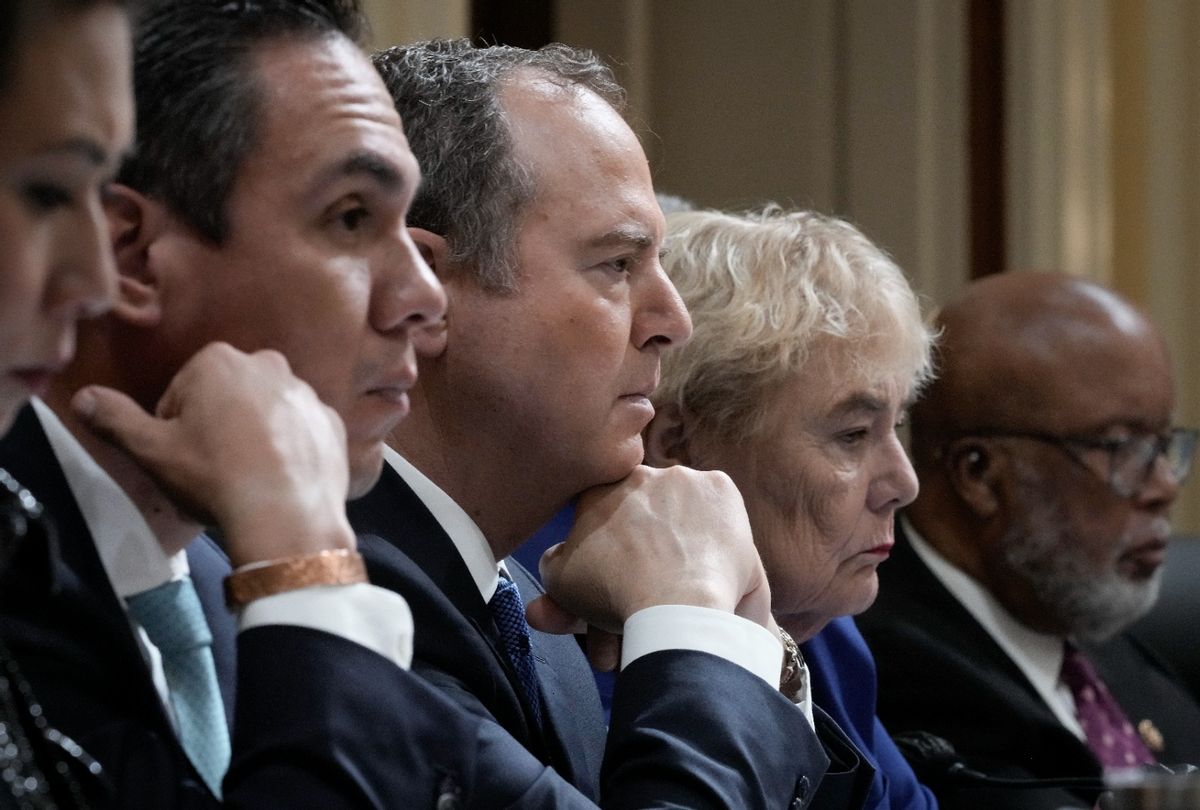 Rep. Adam Schiff (C) (D-CA) listens to testimony with other committee members during a hearing on the January 6th investigation in the Cannon House Office Building on October 13, 2022 in Washington, DC.  (Drew Angerer/Getty Images)