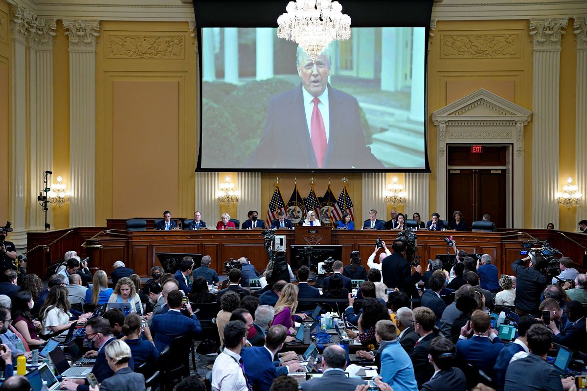 A video of former President Donald Trump played on a screen during a hearing of the Select Committee to Investigate the January 6th Attack on the US Capitol on July 21, 2022 in Washington, DC. (Al Drago-Pool/Getty Images)