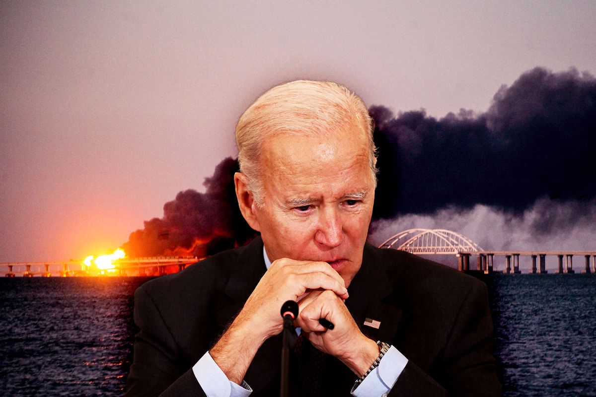 US President Joe Biden  | Explosion causes fire at the Kerch bridge in the Kerch Strait, Crimea on October 08, 2022. (Photo illustration by Salon/Getty Images)