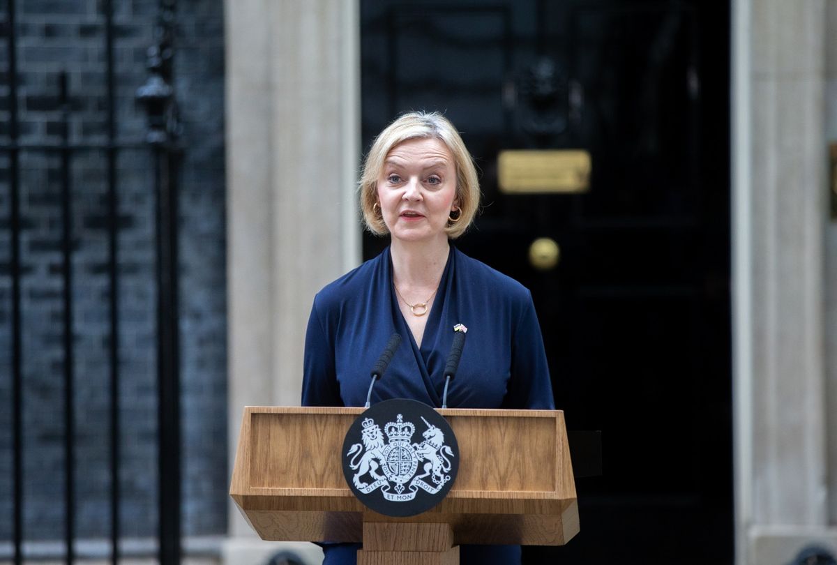 UK Prime Minister Liz Truss is seen making resignation statement outside 10 Downing Street after 44 days in office in London, United Kingdom on October 20, 2022.  (Stringer/Anadolu Agency via Getty Images)
