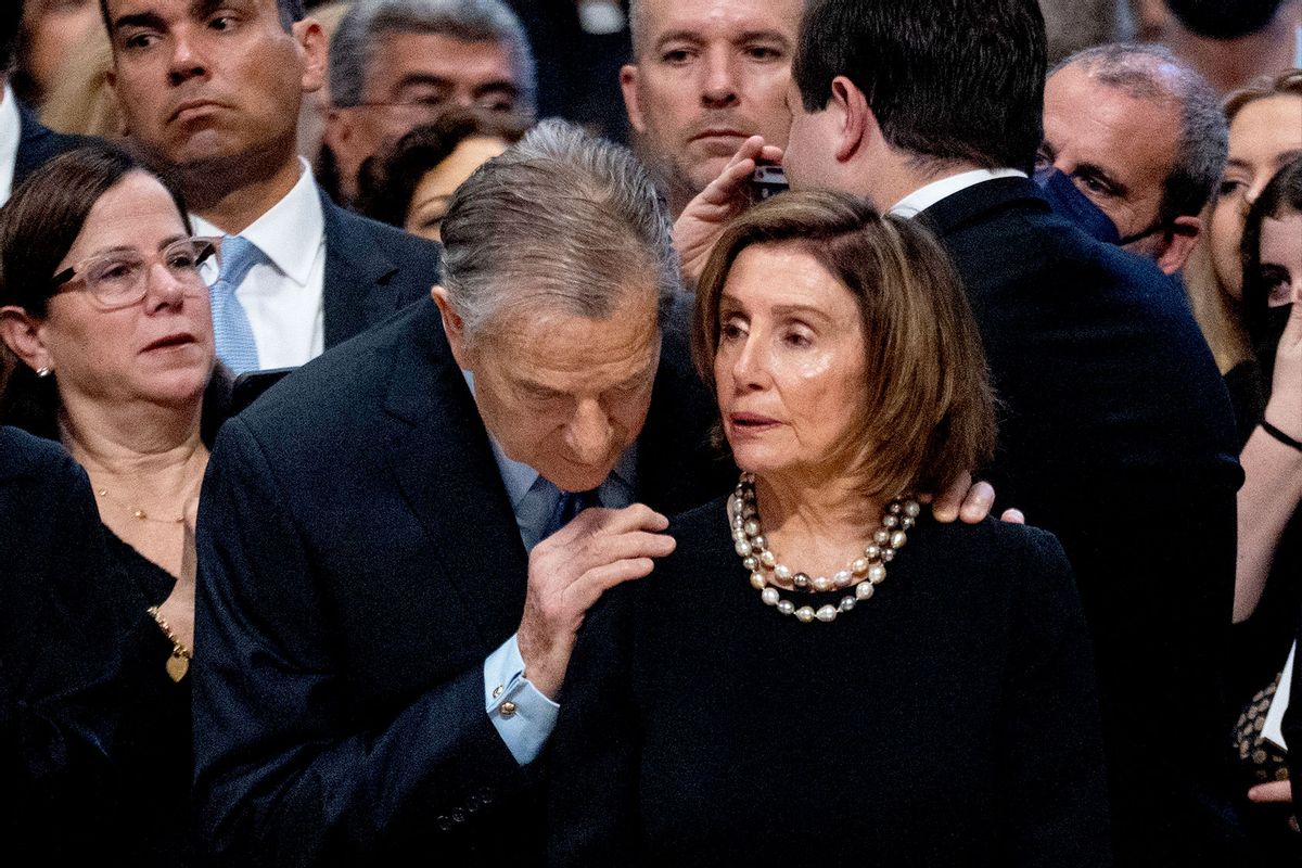 US House of Representatives Speaker, Nancy Pelosi (R), with her husband Paul Pelosi (C), attend a Holy Mass for the Solemnity of Saints Peter and Paul led by Pope Francis in St. Peter's Basilica. (Stefano Costantino/SOPA Images/LightRocket via Getty Images)