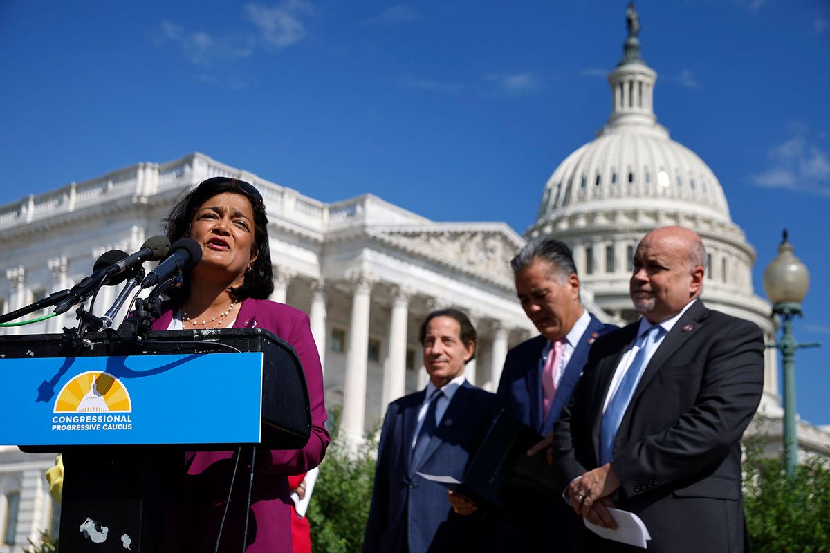 Rep. Pramila Jayapal (D-Wash.) and other members of the Congressional Progressive Caucus at a recent news conference outside the U.S. Capitol (Chip Somodevilla/Getty Images)