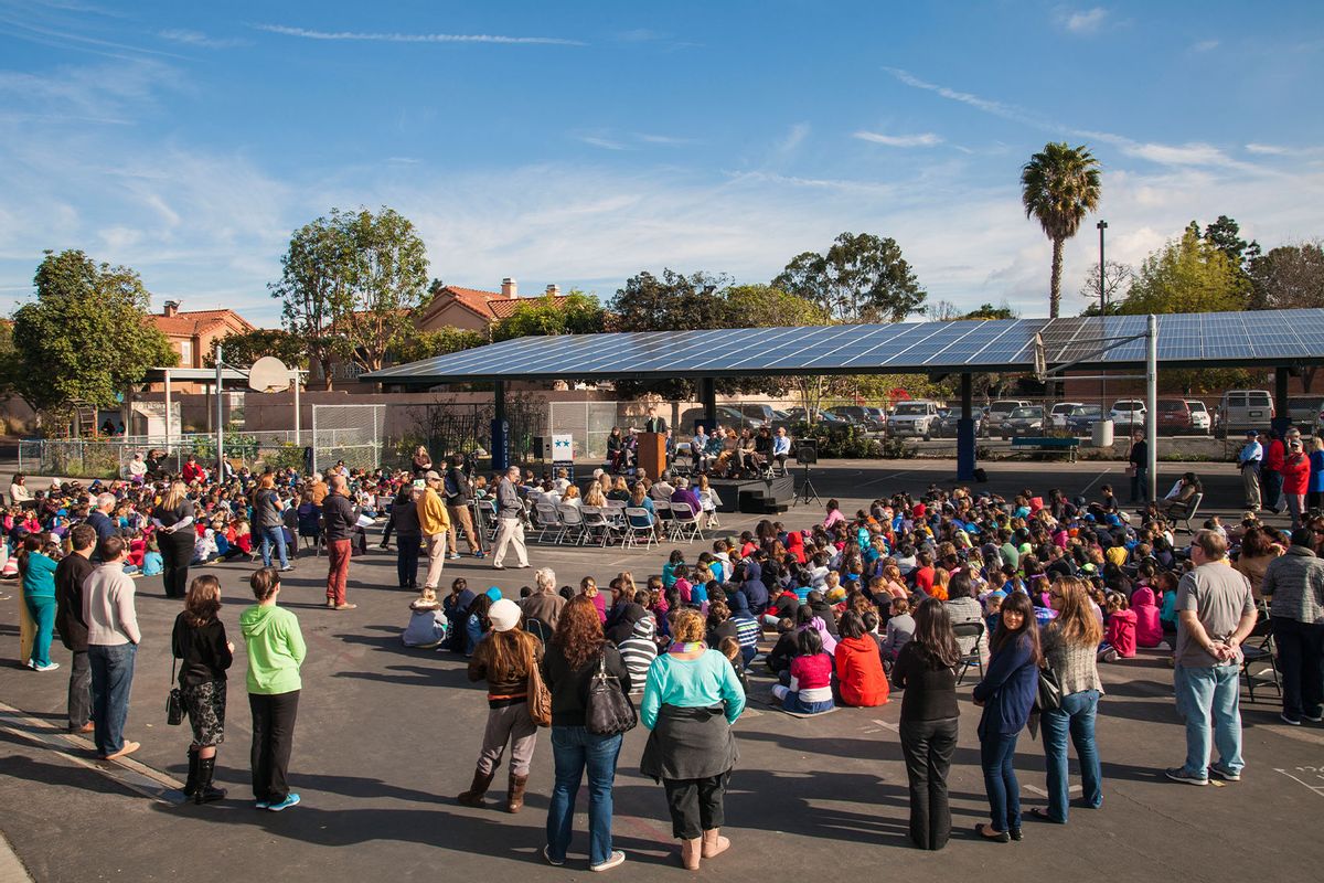 Ribbon cutting ceremony held at Farragut Elementary School in Culver City, California for switching on the school districts new 750kw solar array built at the school on February 04, 2014 (Citizen of the Planet/Education Images/Universal Images Group via Getty Images)