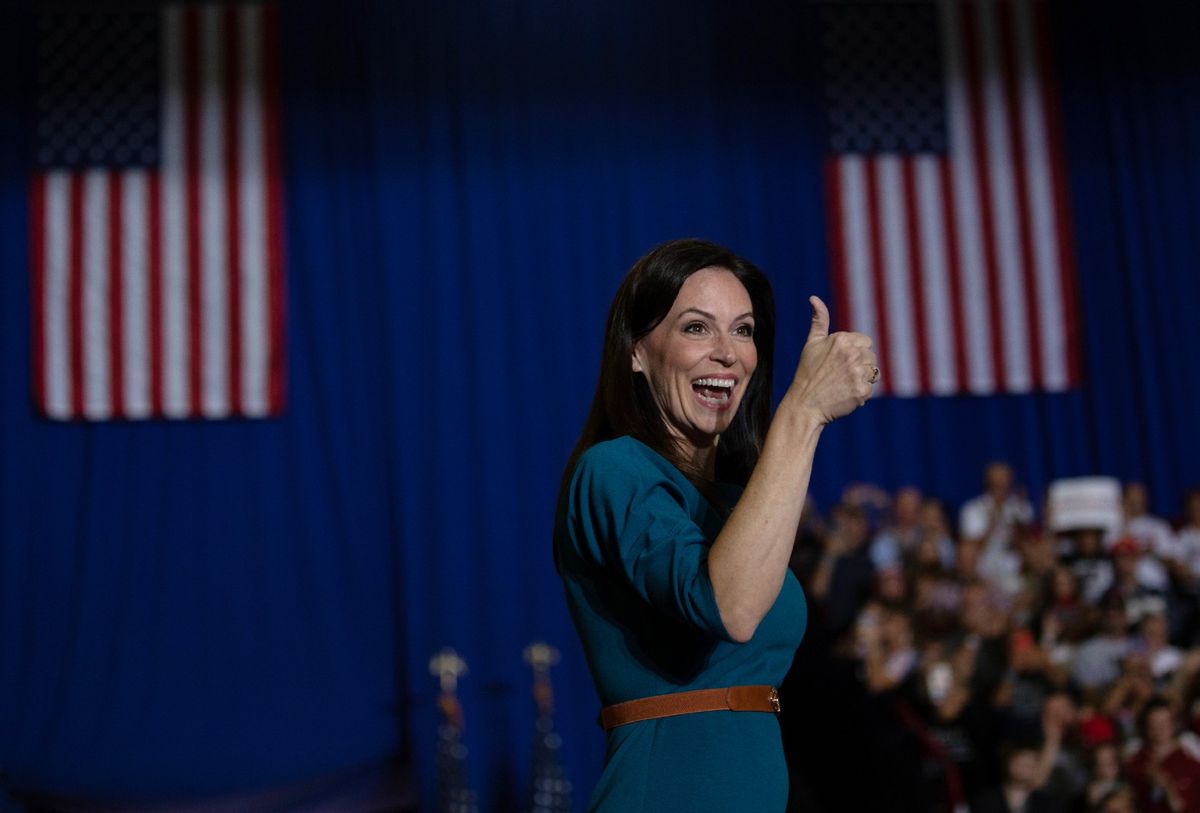 Republican gubernatorial candidate Tudor Dixon gives a thumbs up during a Save America rally on October 1, 2022 in Warren, Michigan (Emily Elconin/Getty Images)