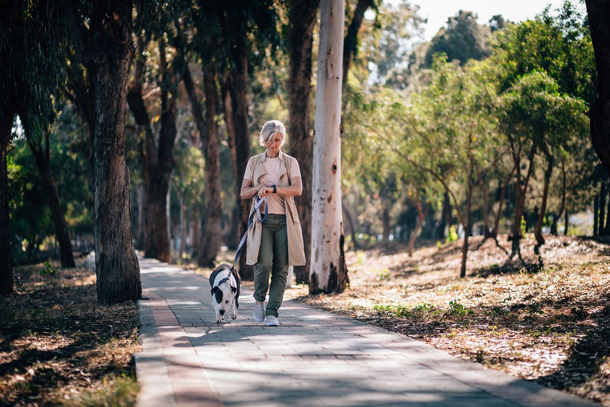 Elegant senior woman walking dog and checking smartphone in park (Getty Images/wundervisuals)