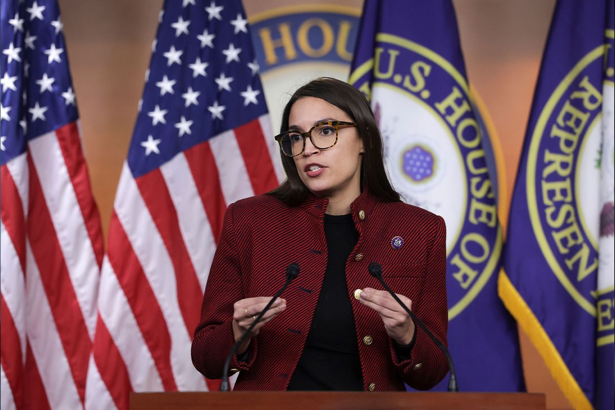 U.S. Rep. Alexandria Ocasio-Cortez (D-NY) speaks on banning stock trades for members of Congress at news conference on Capitol Hill, April 07, 2022 in Washington, DC. (Kevin Dietsch/Getty Images)